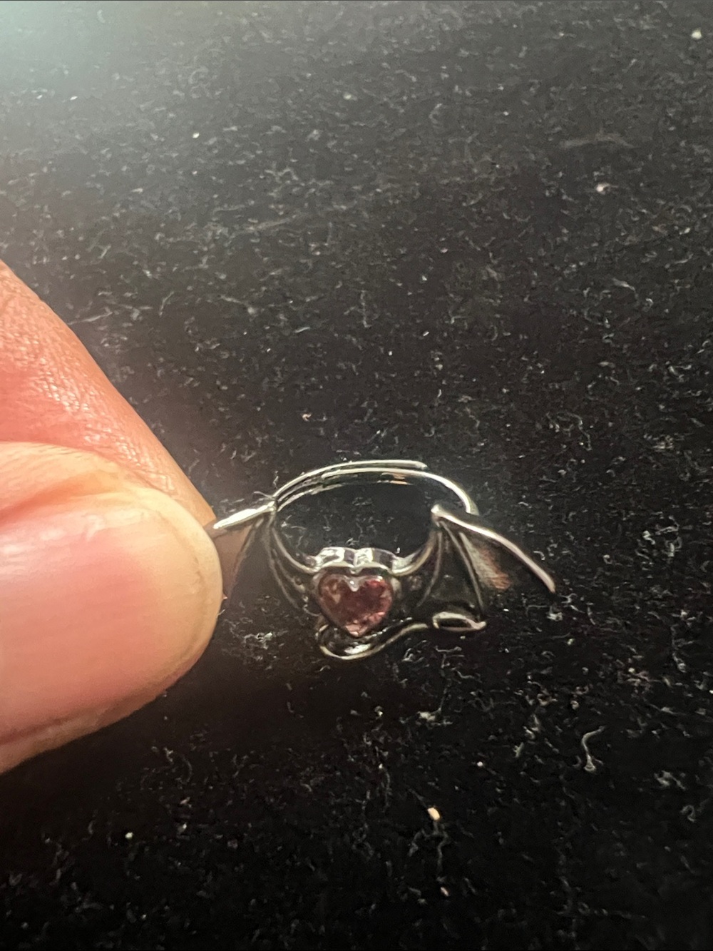 Sterling Silver Bat Wing Ring with Pink Heart Stone